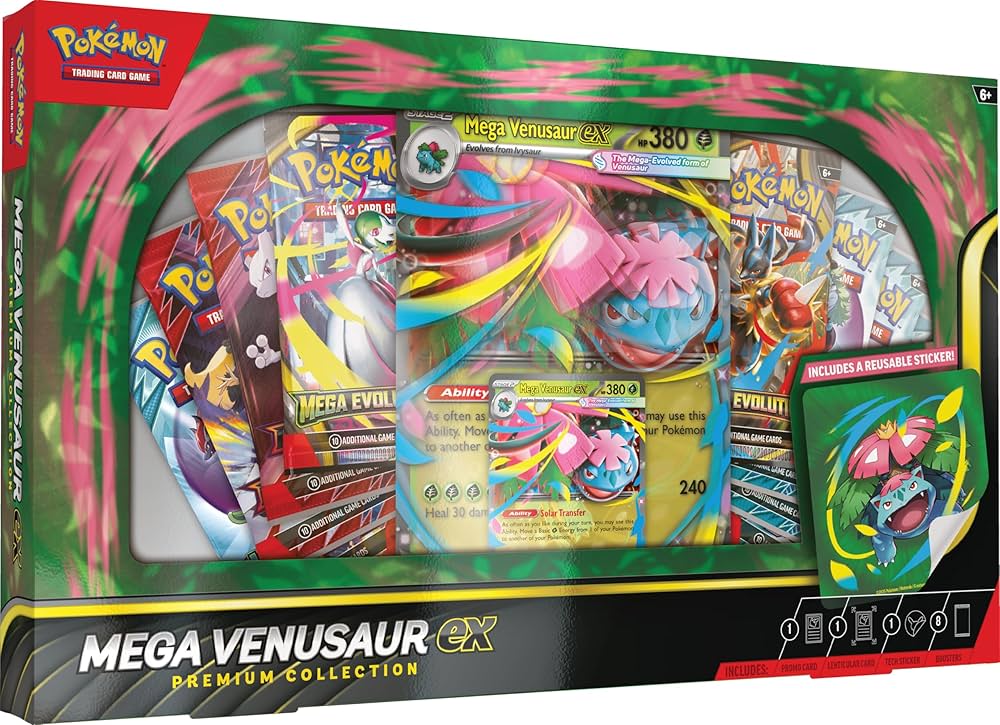 Pokémon Mega Venusaur ex Premium Collection: 8 Booster Packs, Foil & Lenticular Promo Cards, Tech Sticker