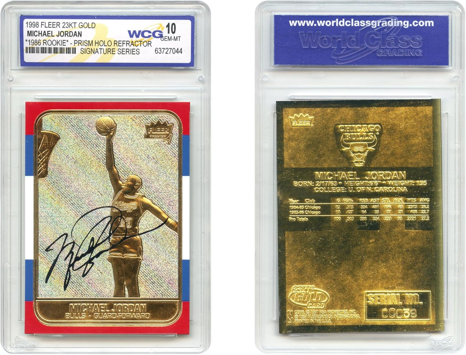 1998 Michael Jordan Fleer '86 Rookie Overstamp Signature Series 23KT Gold Card Prism Holo Refractor - Graded Gem-Mint 10